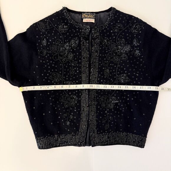Cyn Les Vintage 1950's Lambs Wool & Angora Sequin Beaded Knit Cardigan Black 40 - Picture 5 of 15